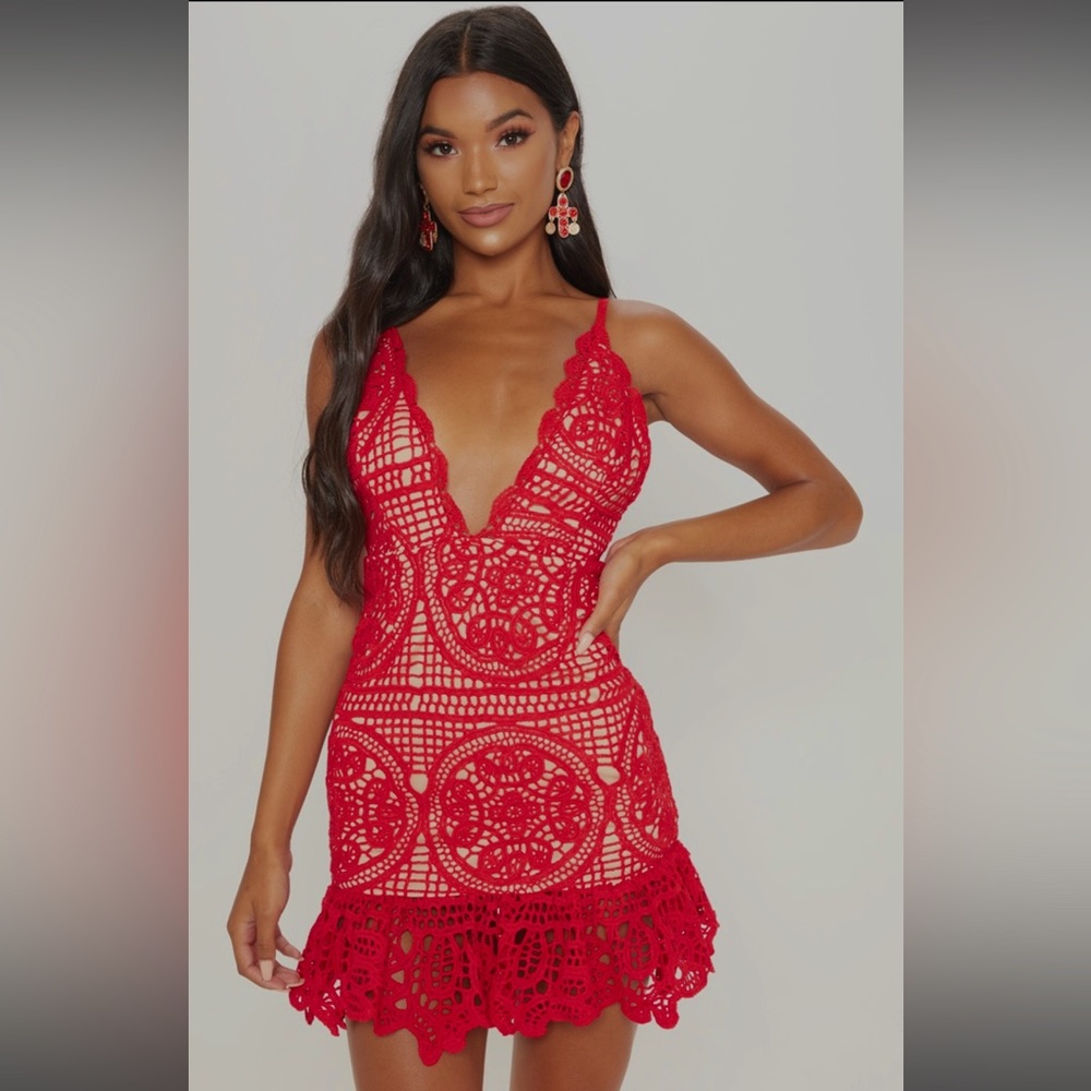 pretty little thing red strappy thick lace frill hem body con dress NEVER WORN